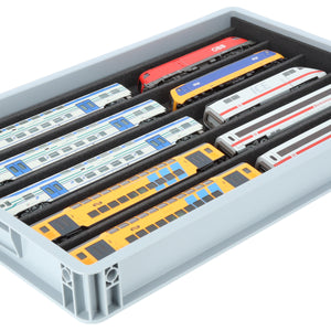 Stapelbare Eurobox 60 x 40 cm mit PanoramaLiege für Modelleisenbahn - 5 Fächer für Spur H0