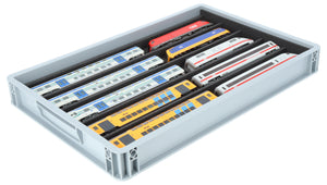 Stapelbare Eurobox 60 x 40 cm mit PanoramaLiege für Modelleisenbahn - 5 Fächer für Spur H0
