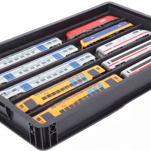 Stapelbare Eurobox 60 x 40 cm mit PanoramaLiege für Modelleisenbahn - 5 Fächer für Spur H0
