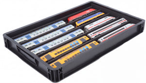 Stapelbare Eurobox 60 x 40 cm mit PanoramaLiege für Modelleisenbahn - 5 Fächer für Spur H0