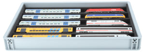 Stapelbare Eurobox 60 x 40 cm mit PanoramaLiege für Modelleisenbahn - 5 Fächer für Spur H0