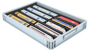 Stapelbare Eurobox 60 x 40 cm mit PanoramaLiege für Modelleisenbahn - 5 Fächer für Spur H0