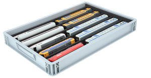 Stapelbare Eurobox 60 x 40 cm mit PanoramaLiege für Modelleisenbahn - 5 Fächer für Spur H0
