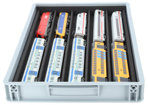 Stapelbare Eurobox 60 x 40 cm mit PanoramaLiege für Modelleisenbahn - 5 Fächer für Spur H0