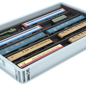 Stapelbare Eurobox 60 x 40 cm mit PanoramaLiege für Modelleisenbahn - 5 Fächer für Spur 00