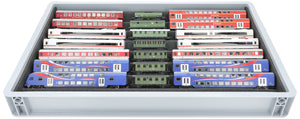 Stapelbare Eurobox 60 x 40 cm Set mit Zugliege für Modelleisenbahn - 7 Fächer für Spur TT