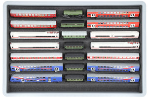Stapelbare Eurobox 60 x 40 cm Set mit Zugliege für Modelleisenbahn - 7 Fächer für Spur TT