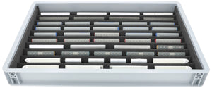 Stapelbare Eurobox 60 x 40 cm mit Zugliege für Modelleisenbahn - 10 Fächer für Spur Z