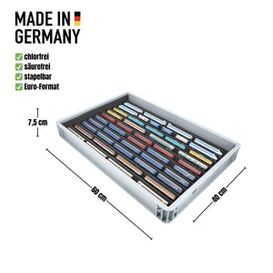 Stapelbare Eurobox 60 x 40 cm mit Zugliege für Modelleisenbahn - 10 Fächer für Spur Z