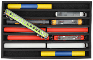 560 mm x 360 mm x 65 mm Foam insert for model railway - H0 scale - 7 compartments - for upright storage - EU065A001