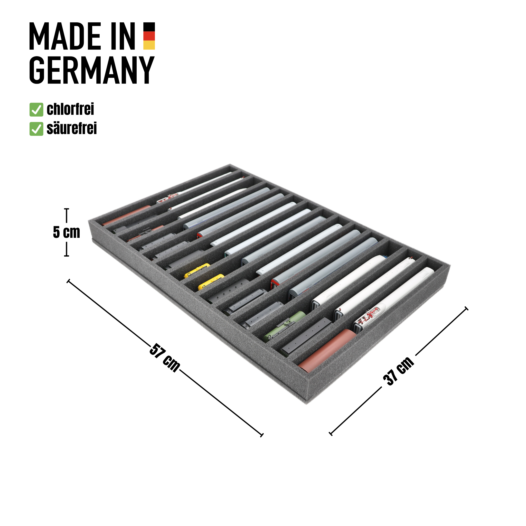 570 x 370 x 50 mm Schaumstoffeinlage für Modelleisenbahn - Spur TT - 14 Fächer - für stehende Aufbewahrung