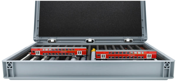 Eurobox 60 x 40 cm Set für Modelleisenbahnen - Spur TT - 14 Fächer - Schaumstoffeinlage zur stehenden Aufbewahrung