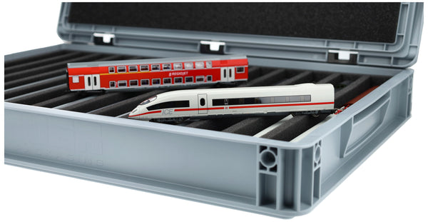 Eurobox 60 x 40 cm Set für Modelleisenbahnen - Spur TT - 14 Fächer - Schaumstoffeinlage zur stehenden Aufbewahrung