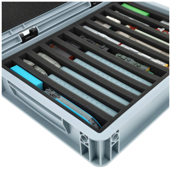 Eurobox 40 x 30 cm Set für Modelleisenbahnen - Spur N - 11 Fächer - Schaumstoffeinlage zur stehenden Aufbewahrung