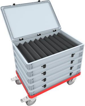 Red transport trolley with rubber wheels and parking brake for Euro boxes up to 600 mm x 400 mm