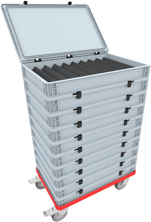 Red transport trolley with rubber wheels and parking brake for Euro boxes up to 600 mm x 400 mm