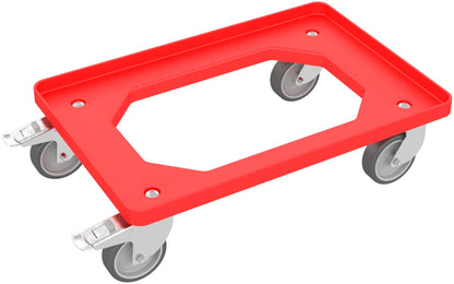 Red transport trolley with rubber wheels and parking brake for Euro boxes up to 600 mm x 400 mm