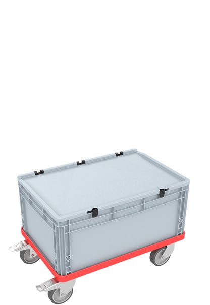 Red transport trolley with rubber wheels and parking brake for Euro boxes up to 600 mm x 400 mm