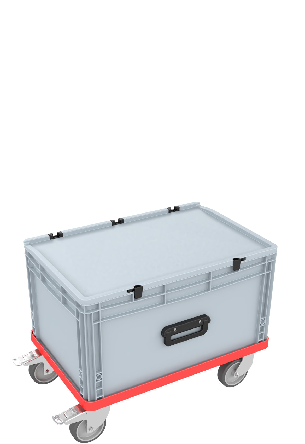 Red transport trolley with rubber wheels and parking brake for Euro boxes up to 600 mm x 400 mm