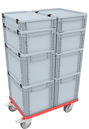 Red transport trolley with rubber wheels and parking brake for Euro boxes up to 600 mm x 400 mm