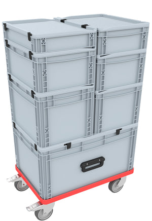 Red transport trolley with rubber wheels and parking brake for Euro boxes up to 600 mm x 400 mm
